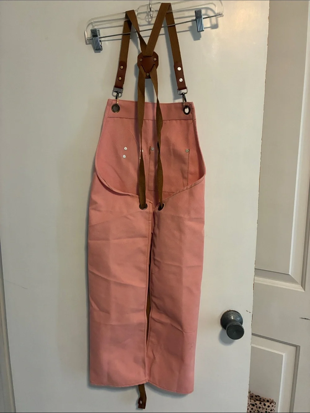 Pink Canvas Apron with Brown Leather Straps one size